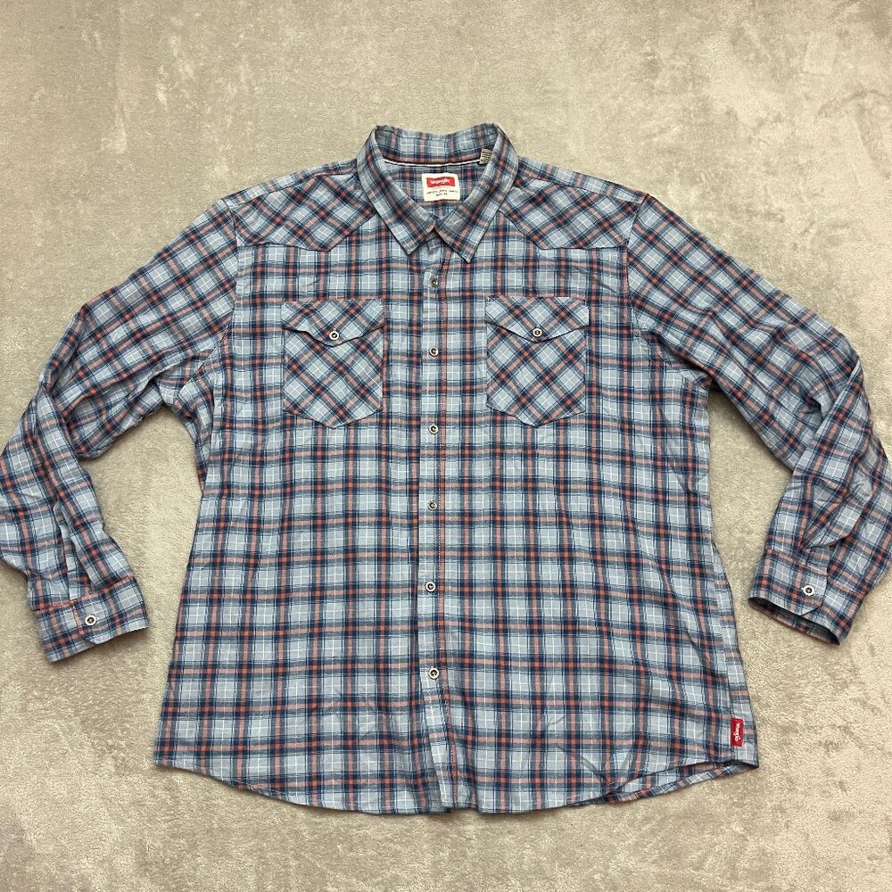 Wrangler Shirt Men Size 3XL Blue Red Plaid Button Up Long Sleeve Western Casual